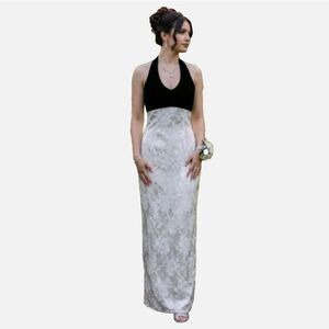 VTG 90s Gown Jessica McClintock Gunne Sax Ivory Black  Halter Velvet Prom XS XXS